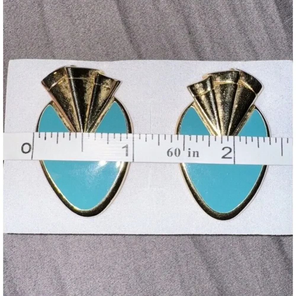 EARRINGS VTG 1980's Art Deco Turquoise Enamel 1.5